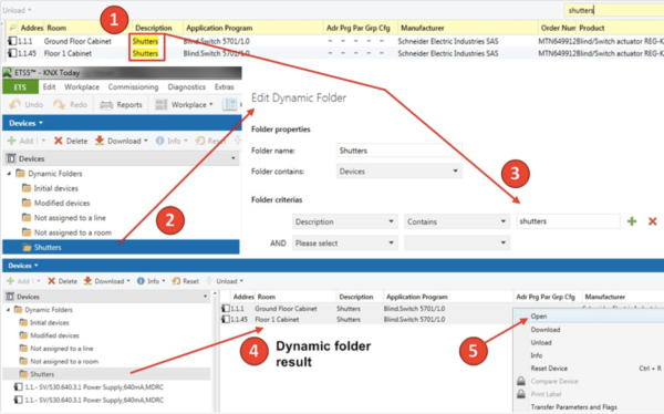 Figure 4 - Fast dynamic folder filtering for selecting the appropriate devices' groups objects for fast group address linking (see also Figure 5).