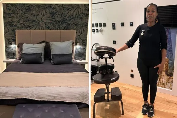 (Left) the JUNG UK showroom features a display smart hotel room on the lower floor, (right) Kaylea from Dankoe Serenity Therapies