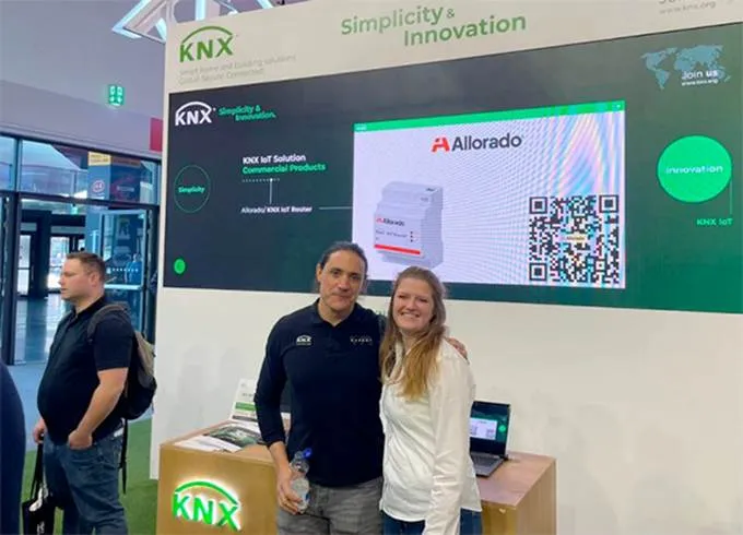 KNX Association Members Startups Business Development Manager, Jesus Arias, with Allorado Sales Manager, Victoria Bohn at the KNX stand at the Light + Building 2026 show.jpg