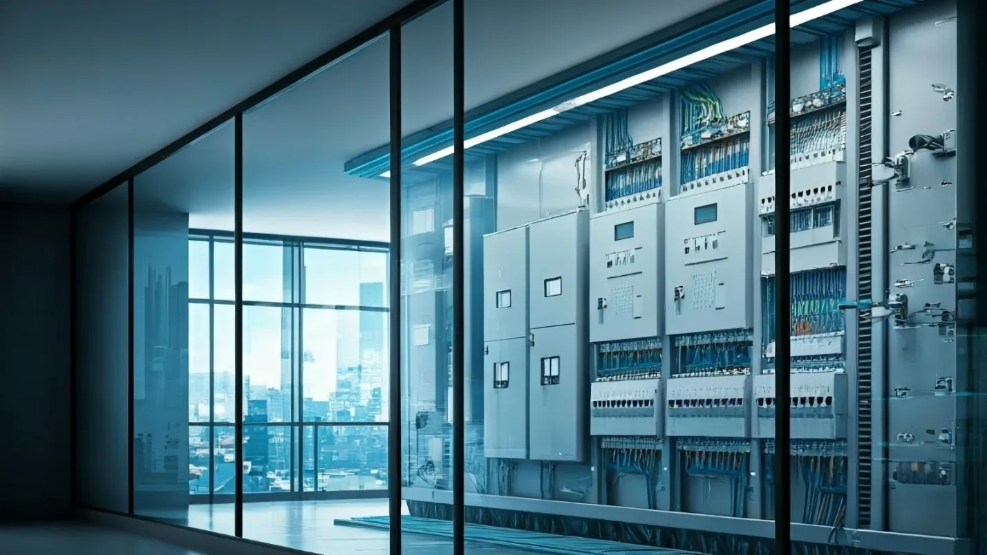 Electrical control cabinets behind a glass wall in an office building